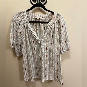 LOFT Women's Floral Striped Blouse - White and Brown